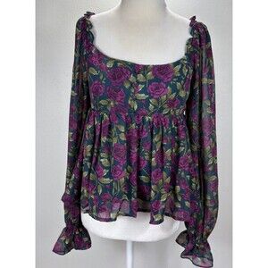 Blu Pepper Floral Balloon Sleeve Cropped Top Small Fairycore Whimsical Babydoll